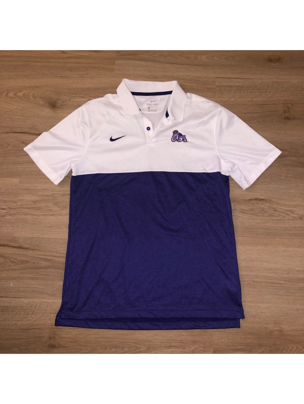NIKE JAMES MADISON JMU DUKES POLO SHIRT PURPLE WHITE MENS SIZE MEDIUM